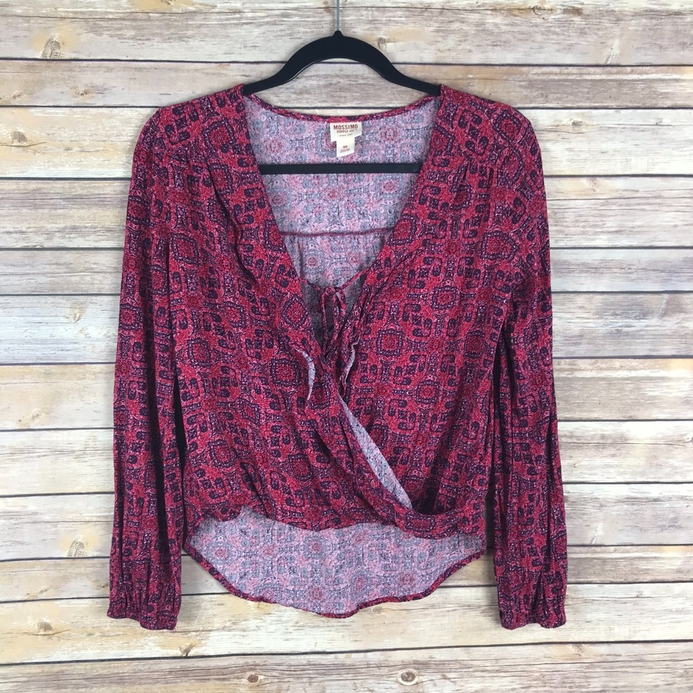 Mossimo Top Juniors Small Faux Wrap V-Neck Blouse Boho Long Sleeve Geometric